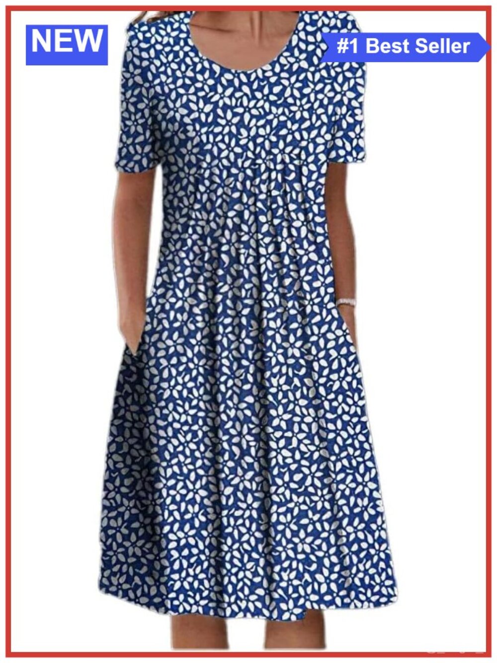 Women's Floral Midi Dress Short Sleeve Crew Neck A-Line Casual with Pockets